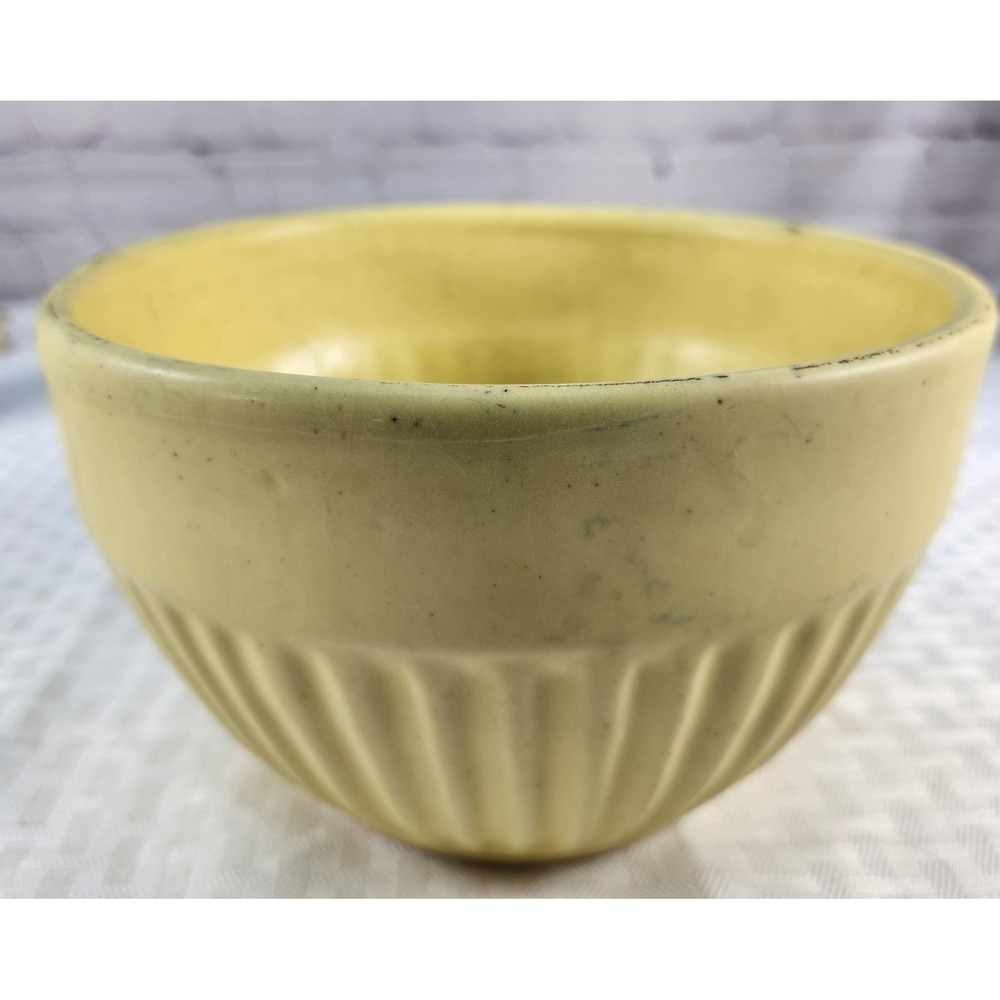 Vintage Ribbed Mustard Yellow Splash Of Green Stoneware Mixing Bowl Matte Signed